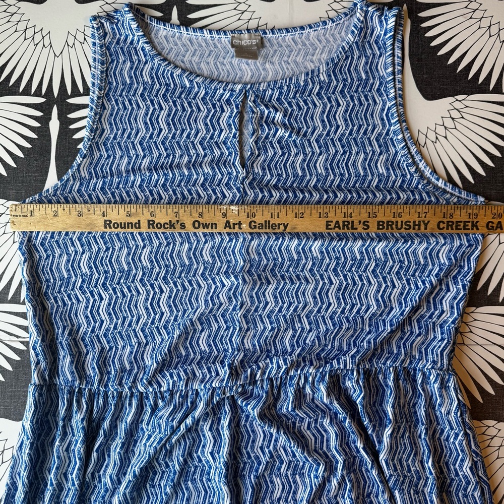 Chico's Dress Size 2/L/ 12 14 Blue White Maxi Chevron Print Tiered Stretchy - Picture 4 of 13